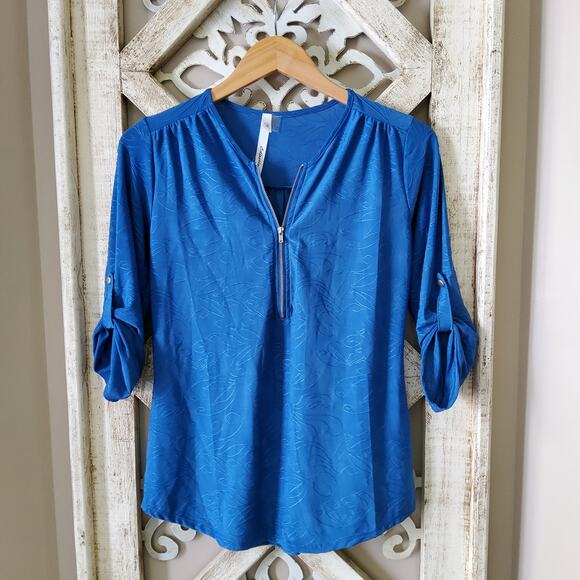 NY Collection Women's Roll Tab Sleeve Zip Jacquard Sequin Blouse Top in Blue - Picture 4 of 9